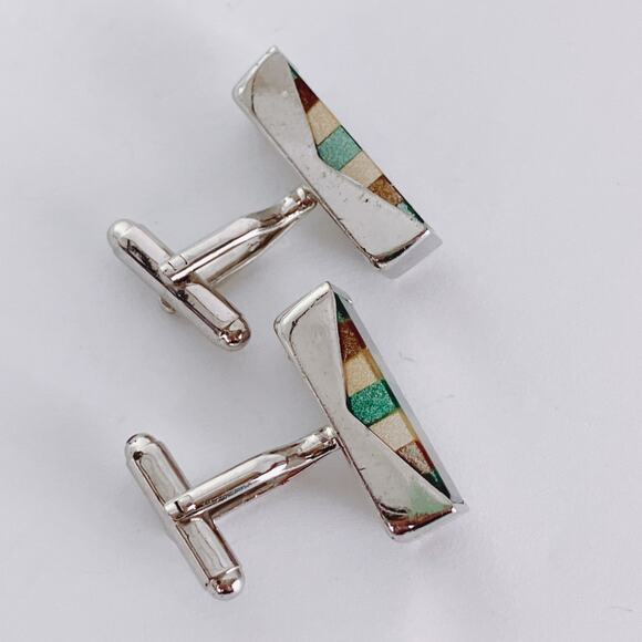 Vintage 1970s Striped Glass Inlay Modernist Geometric Cufflinks Mens Mod Jewelry - Picture 9 of 12